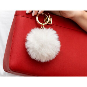 Faux Fur Pom Pom Keychain Womens White Gold Tone Ring Bag Charm Fluffy New